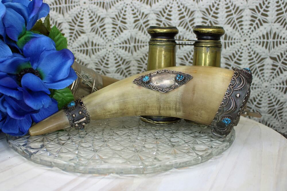 Kakiki Signed Navajo Sterling Silver and Turquoise Embellished Powder Horn